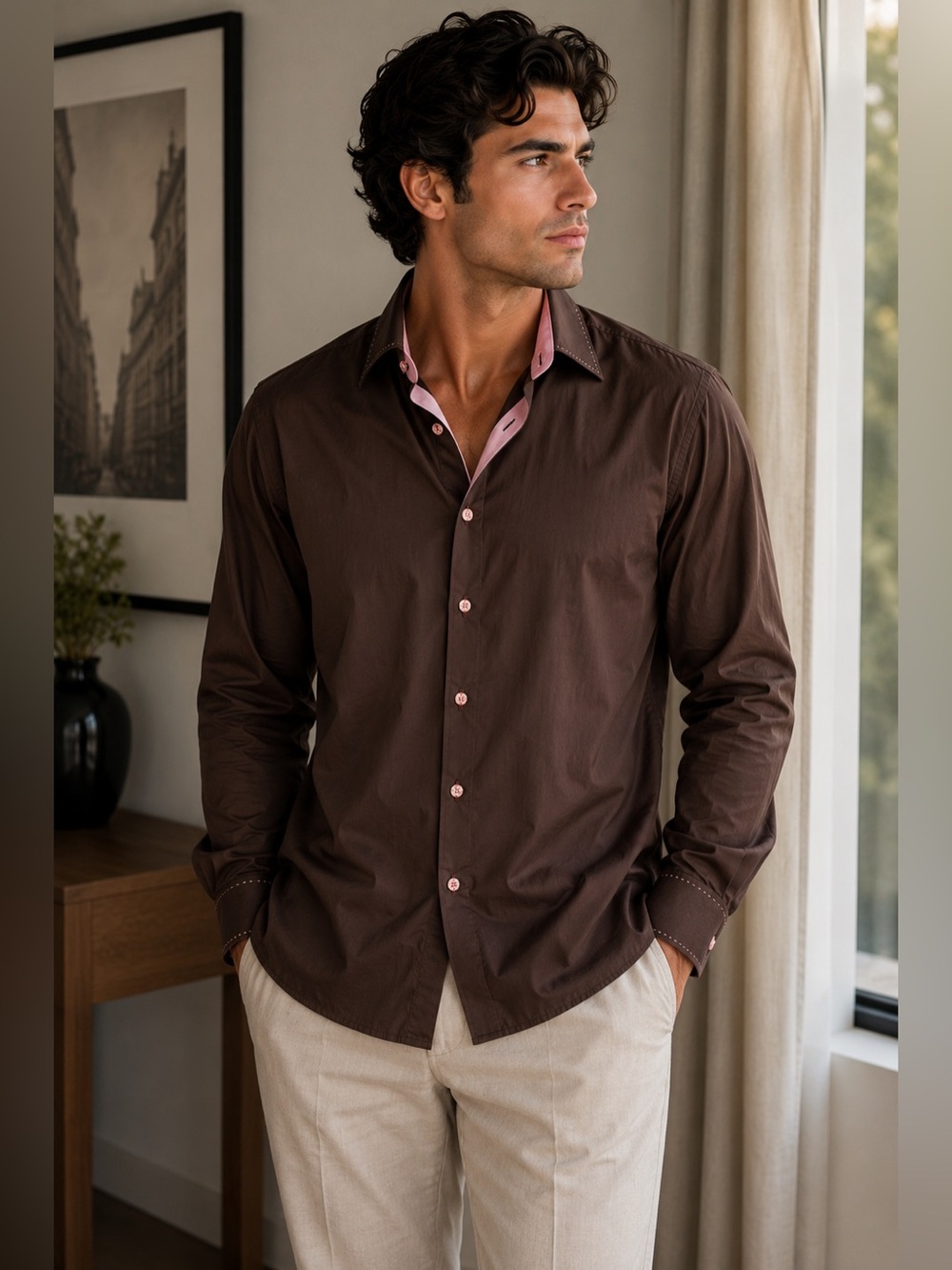 Sz 2X Debonair Collection Paris Brown& Pink Dress Shirt $250 MSRP